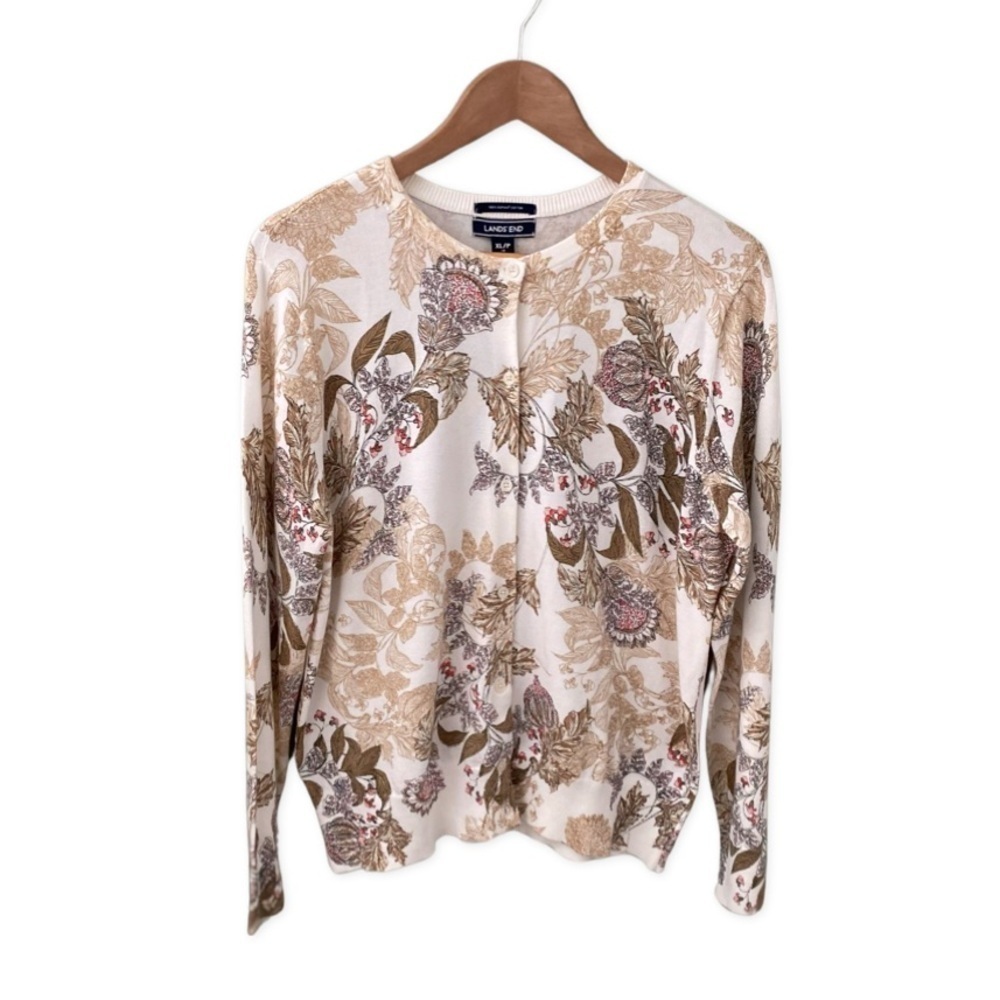Lands End Supima Cotton Floral Button Down Cardigan Sweater NWT Size XL Petite